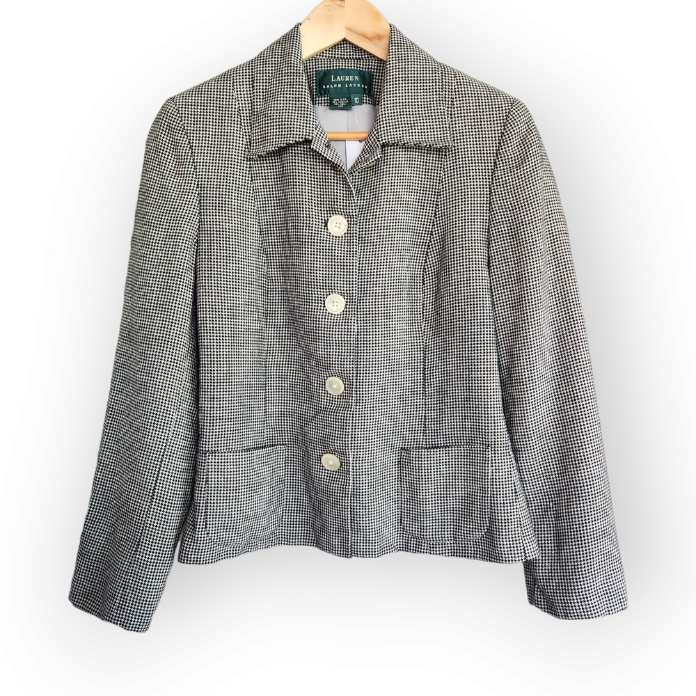 Vintage Lauren Ralph Lauren Wool Linen Black White Houndstooth Blazer Coat 10